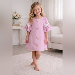 RARE EDITIONS Girl's Size 5 Pink Embroidered Seersucker Bell Sleeve Dress